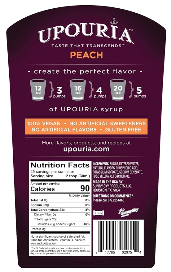 Upouria Peach Syrup Flavoring, 100% Vegan, Gluten-Free, Kosher, 750ml bottle (Pack of 2) with 1