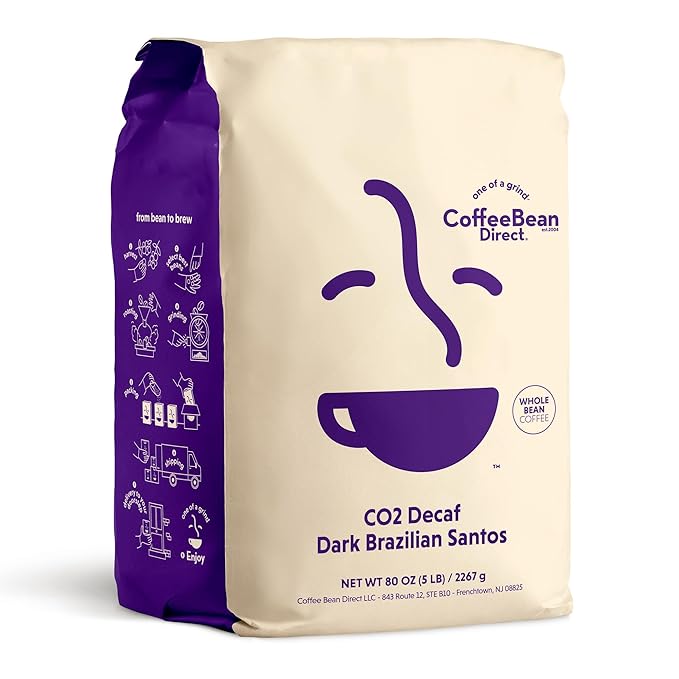 Coffee Bean Direct CO2 Decaf Dark Brazilian Santos, Whole Bean Coffee, Dark Roast, 5 Pound Bag