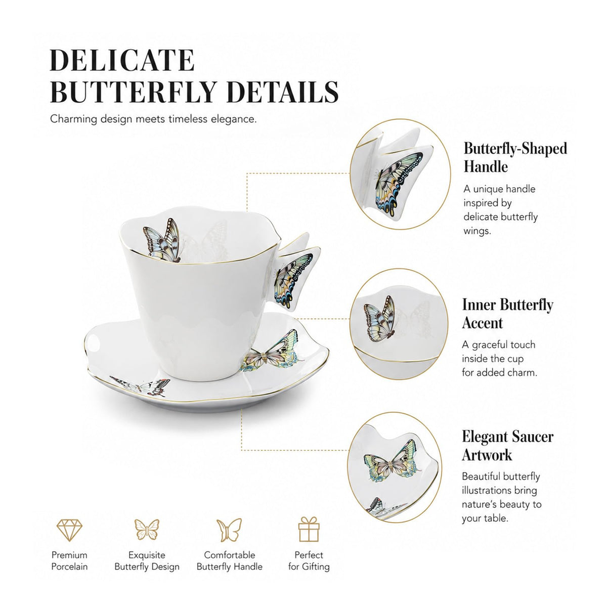Solidith 8 Oz Espresso Cups With Saucers Set Of 6,Butterfly Ceramic Cups