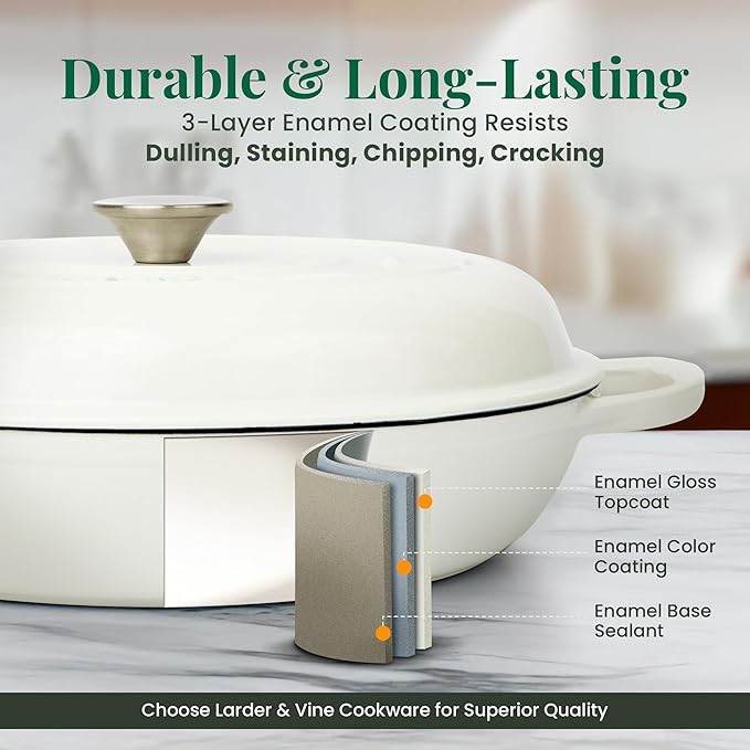 Larder & Vine Enameled Cast Iron Braiser | 3.6 qt Braiser Pan with Lid | Shallow Dutch Oven