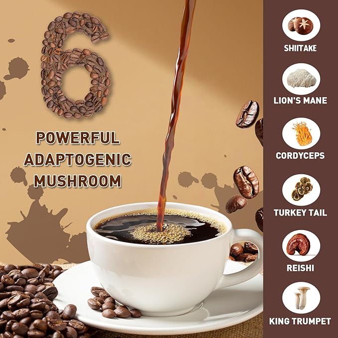 Mushroom Coffee | Enhanced Focus, Boosted Immunity, Improved Energy | 6 Adaptogenic Mushrooms: