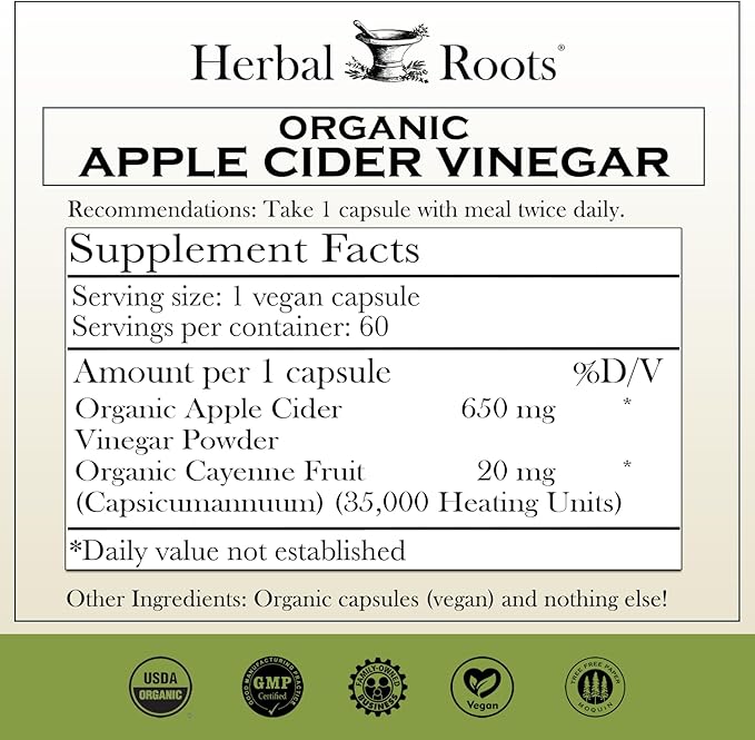 Herbal Roots Organic Apple Cider Vinegar Capsules with Mother and Organic Cayenne | 650 mg | 60
