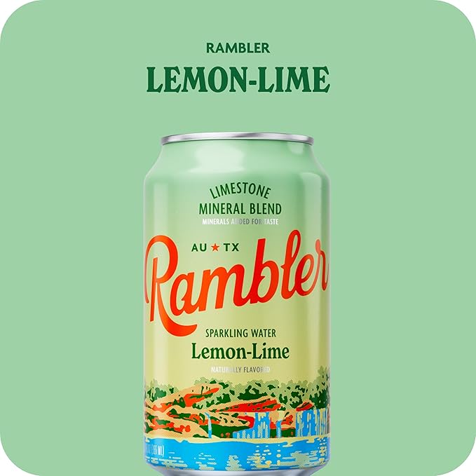 AUTX RAMBLER Sparkling Water, Texas Limestone Mineral Blend, Lemon-Lime Flavor, 12-Ounce Cans