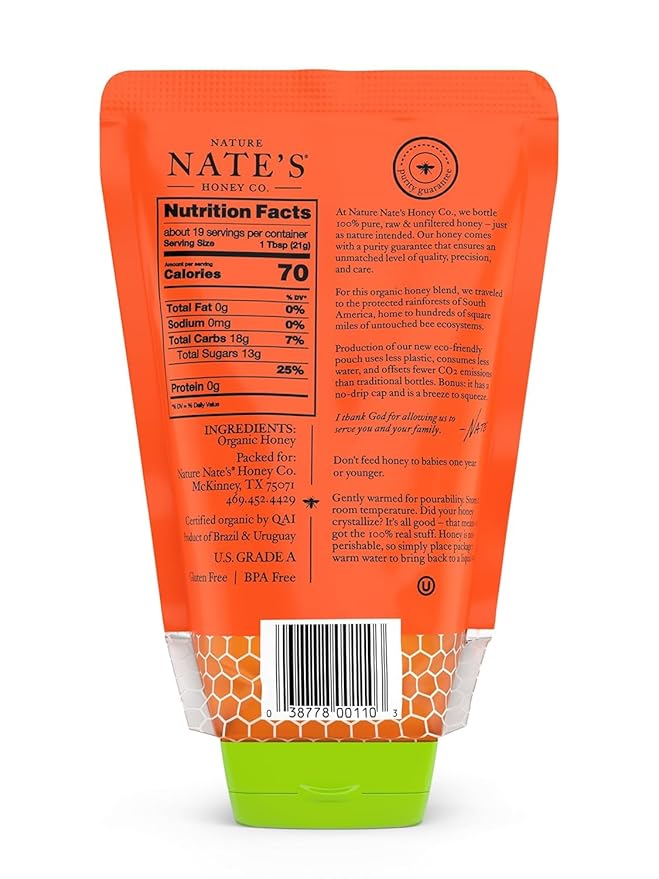 Nature Nate's 100% Pure USDA Organic Raw & Unfiltered Honey, 14 oz. No-Drip Sustainable Squeeze