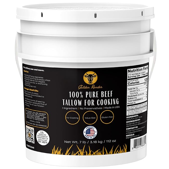 100% Pure Beef Tallow for Cooking & Deep Frying - 7lb Bulk Size - Food Grade Non-GMO | Nose to Tail
