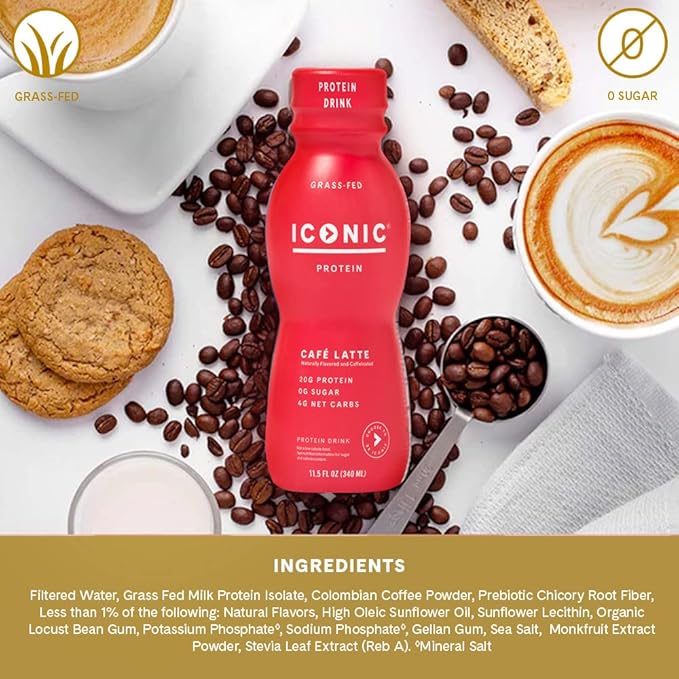 Iconic Protein Drinks, Café Latte (12 Pack) - Sugar Free & Low Carb - 20g Protein + 100mg Caffeine