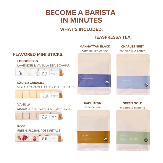 Tea Latte Sampler Kit by Teaspressa – Tasting Set with 4 Signature Organic Tea Blends & 4 Luxe