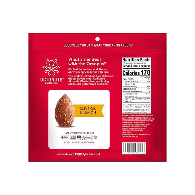 Octonuts Olive Oil & Lemon Almonds – 12 Individually Wrapped Snack Packs (1oz Each), Healthy Snacks