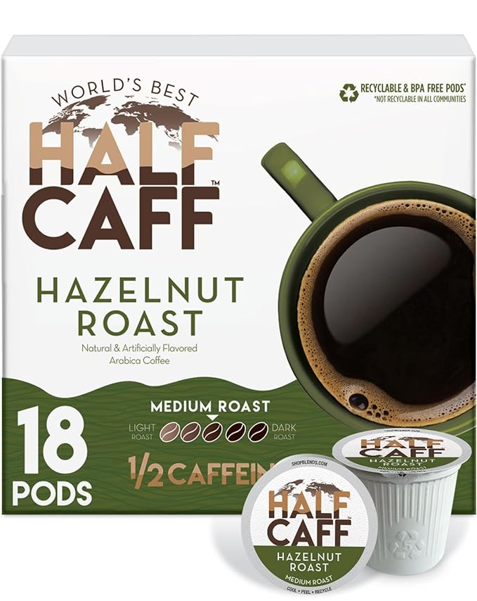 World's Best Half Caff Hazelnut Coffee Pods, 18 ct, Medium Roast Flavored Coffee in Recyclable