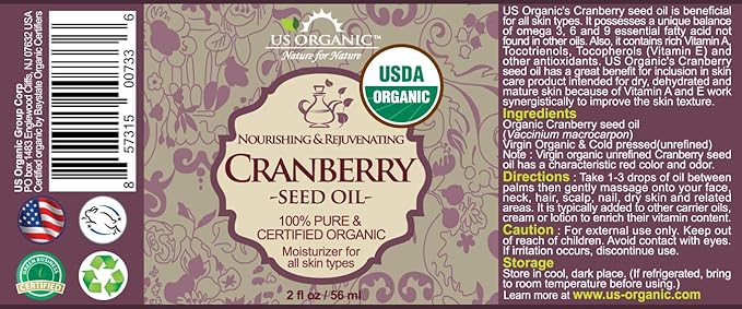 US Organic Cranberry Seed Oil, USDA Certified Organic,100% Pure & Natural, Cold Pressed Virgin