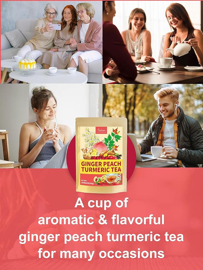 TeeLux Ginger Peach Turmeric Tea Bags, Warm Ginger with Tart Hibiscus & Soothing Chamomile, Tart &