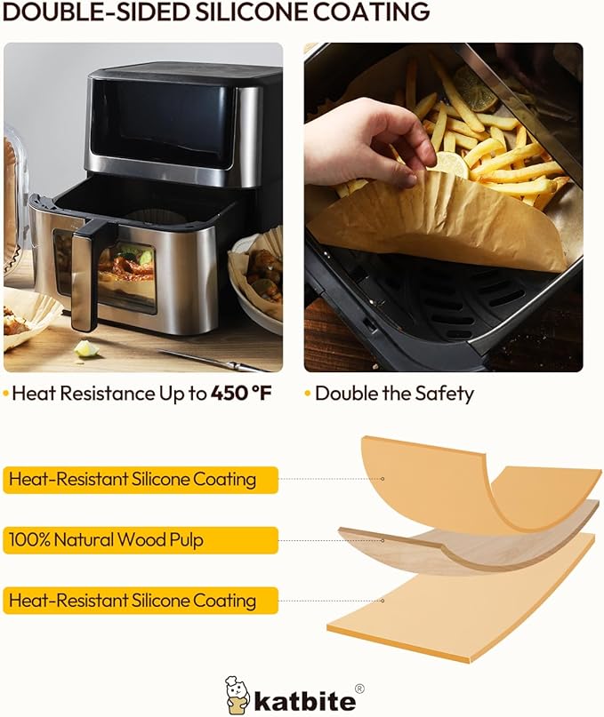 Katbite Air Fryer Liners Disposable - 8 inch Square Non-Stick Airfryer Paper Liners, Unbleached