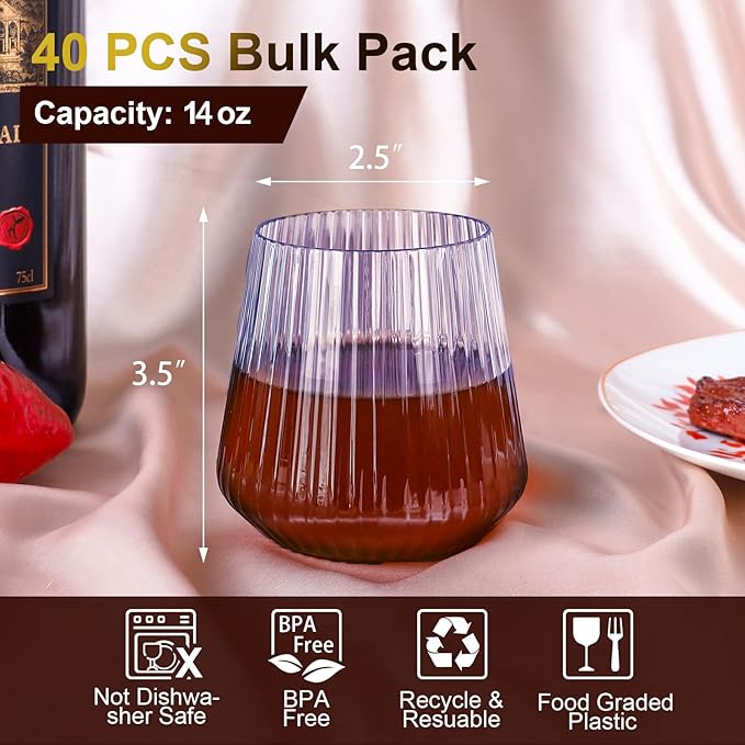 40 Pack Plastic Ribbed Wine Glasses, 14Oz Origami Disposable Wine Glasses Unbreakable Clear Plastic