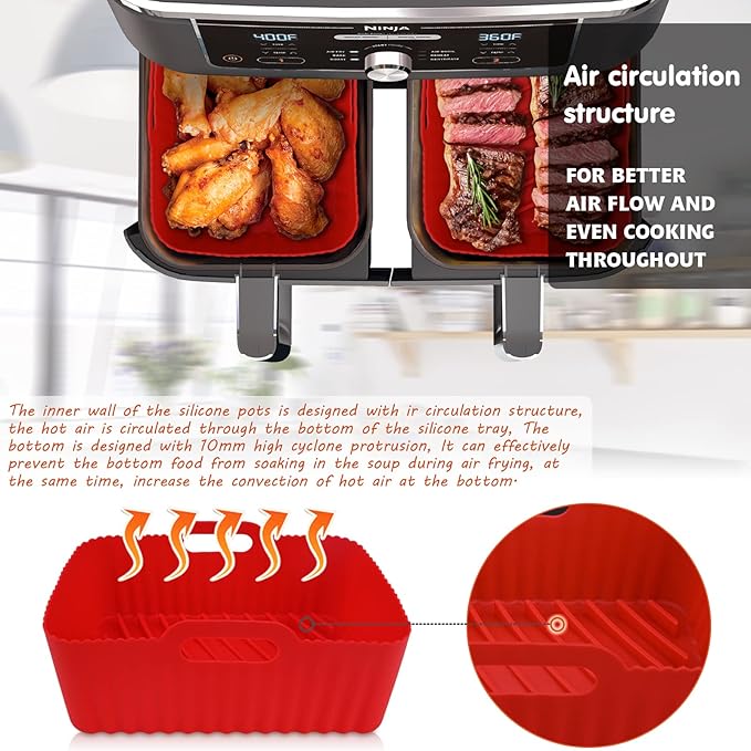 WMKGG Silicone Air Fryer Liners, 2PCS Reusable Rectangular Air Fryer Silicone Liners, Non-Stick