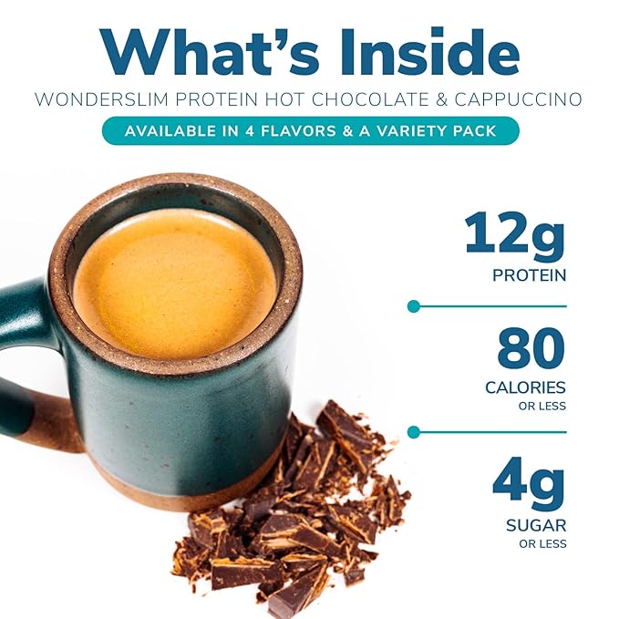 Wonderslim Protein Hot Chocolate, Hot Cocoa, Low Sugar, Low Carb, Keto Friendly & Gluten Free (7ct)