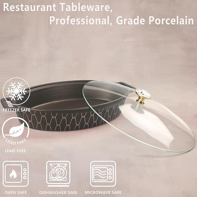 11" X 7.5" Ceramic Oval Casserole Dish with Glass Lid, 1.3 Quart Serving Soup Tureen,Chafing Dish