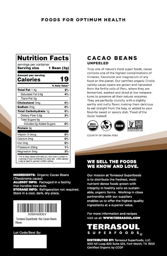 Terrasoul Superfoods Raw Organic Cacao Beans, 16oz