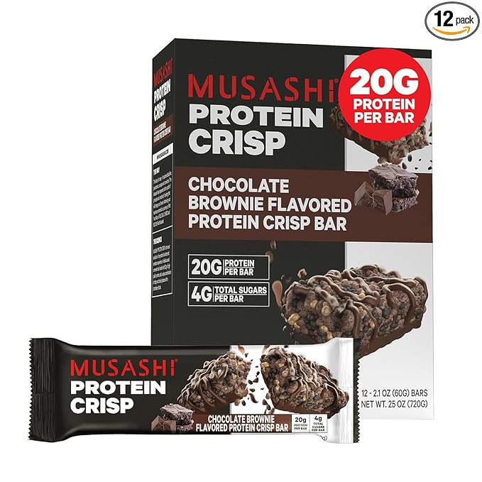 MUSASHI Protein Crisp Bar, 20g Protein, 4g Total Sugars, Chocolate Brownie, Post Workout and Snack