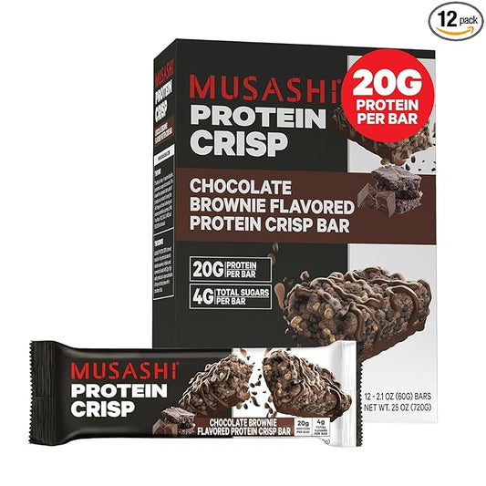 MUSASHI Protein Crisp Bar, 20g Protein, 4g Total Sugars, Chocolate Brownie, Post Workout and Snack