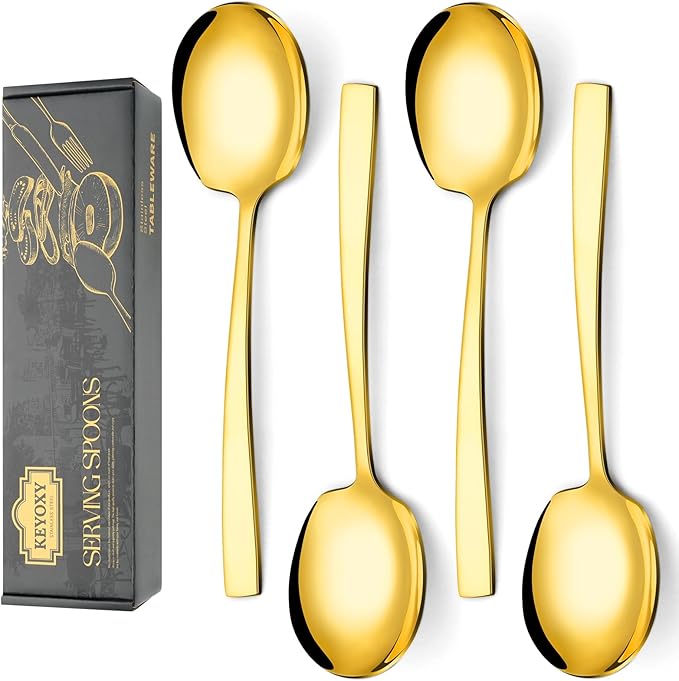 4 Piece Stainless Steel Serving Spoons Set - 4 Large Spoons, 9.2-Inch, Dishwasher Safe, for