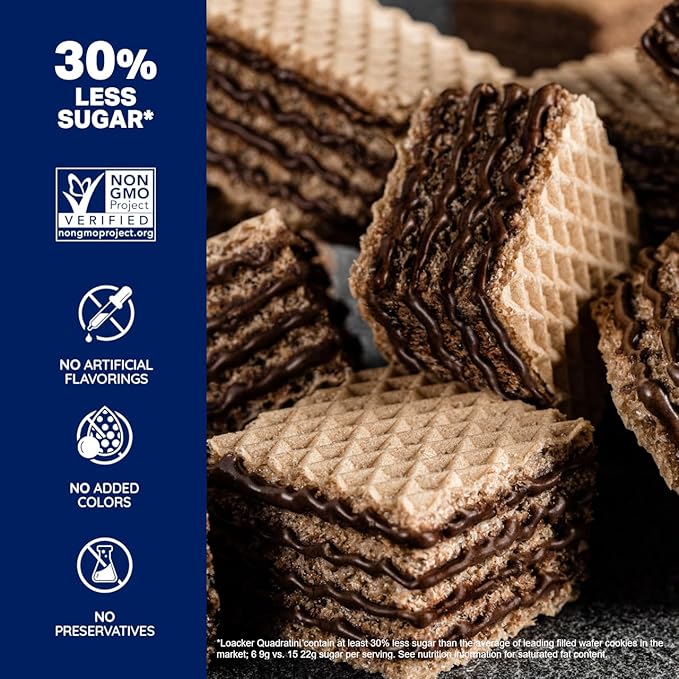 Loacker Quadratini Chocolate Wafer Cookies LARGE - 30% Less Sugar - Premium Crispy Bite Size Wafers