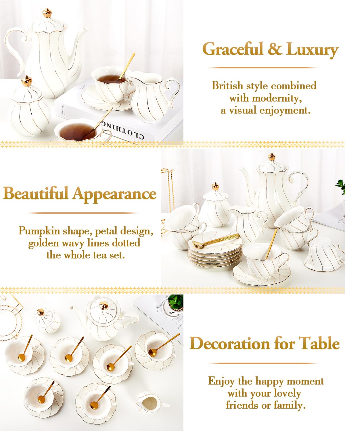 DUJUST 22 pcs White Porcelain Tea Set for 6, Luxury British Style Tea/Coffee Cup Set with Golden
