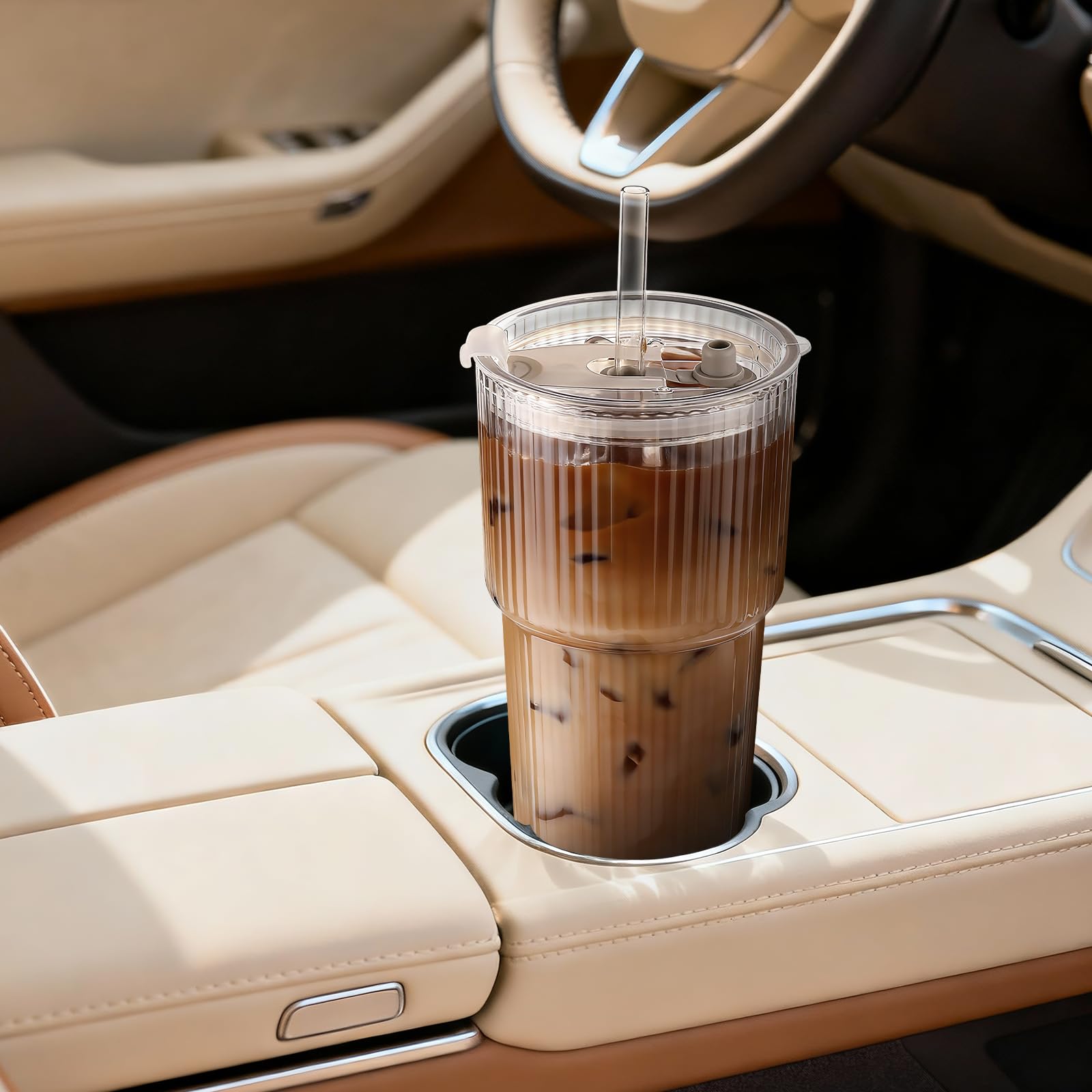 Iced Coffee Cups with Lids: Coffee Bar Accessories - Ribbed Glass Tumbler with Straw and Lid 4Pcs
