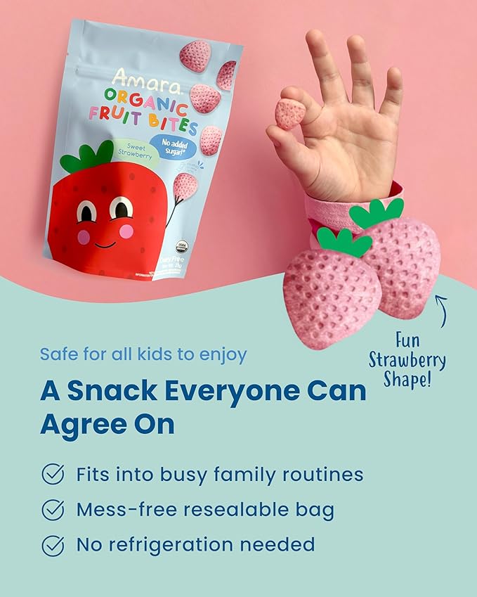 Amara Organic Fruit Bites Sweet Strawberry - No Added Sugar, Dairy-Free, Nut-Free Organic Fruit