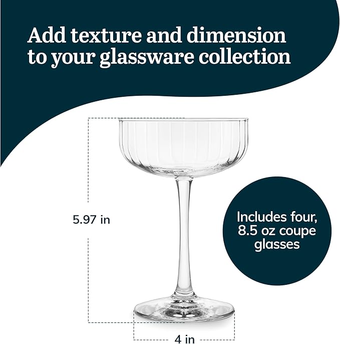 Libbey Paneled Cocktail Coupe Glasses, 8.5 Oz Fine Ribbed Line Coupe Glasses Set of 4, Dishwasher