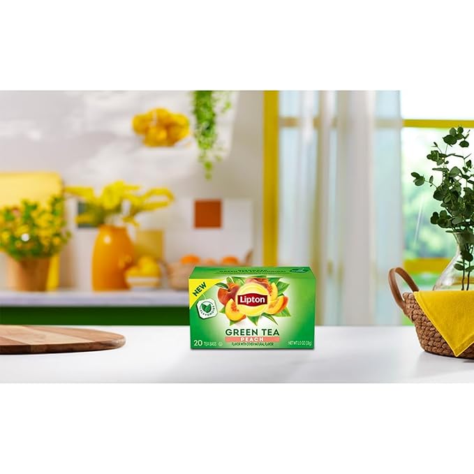 Lipton Peach Green Tea Bags, Flavored, Unsweetened Teabags for Hot Tea or Peach Iced Tea with