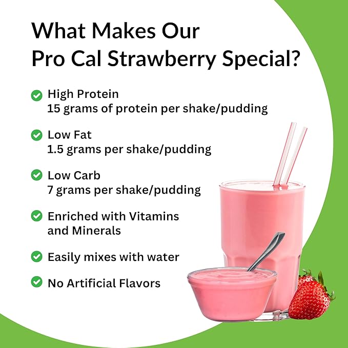 Pro-Cal Strawberry Meal Replacement Powder, 16.4 oz ??High Protein, Low Calorie Shake & Pudding Mix