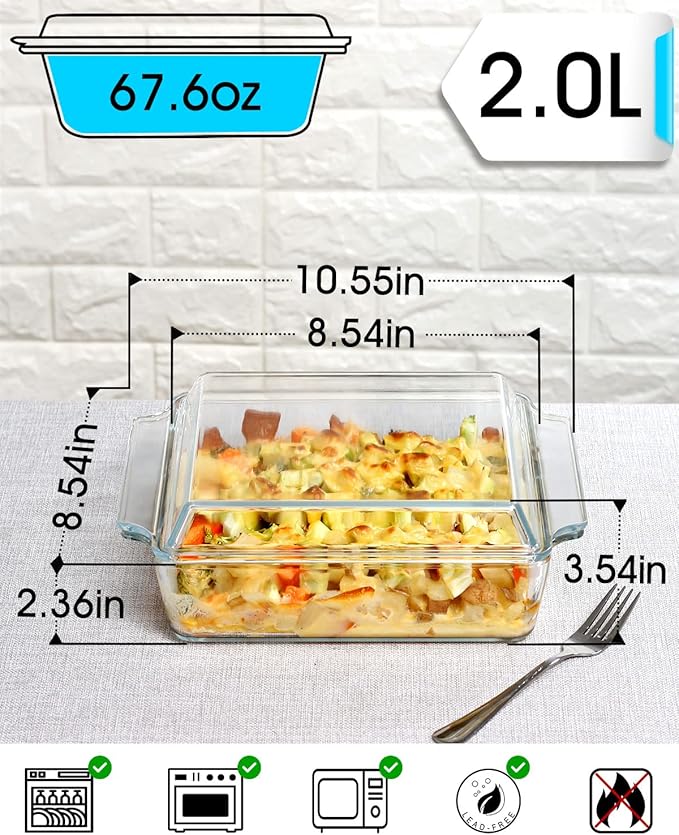 NUTRIUPS 8.5in x 8.5in Square Baking Dish Pans Glass Bakeware Glass Microwave Casserole Dish with