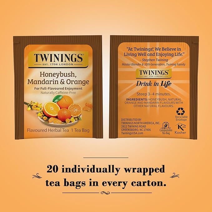 Twinings Honeybush, Mandarin, & Orange Herbal Tea Individually Wrapped Bags, 20 Count (Pack of 1)