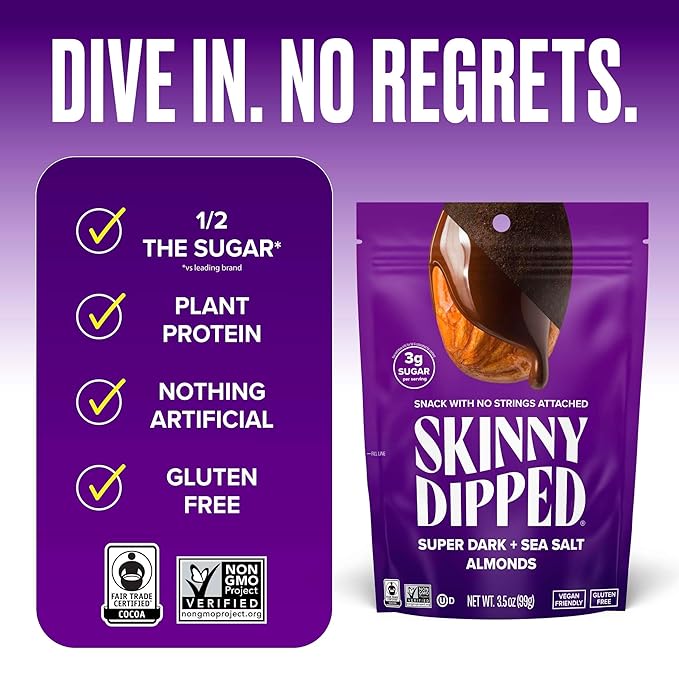 SkinnyDipped Super Dark Chocolate + Sea Salt Almonds, Vegan, Healthy Snack, Plant Protein, Gluten