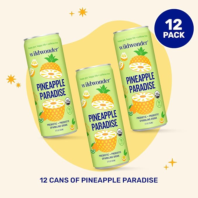 wildwonder Sparkling Probiotic Drink 12pk, For Gut Health & Immune Support, Pineapple Paradise, 5g
