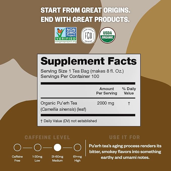 FGO Organic Pu'erh Tea, 100 Count, Eco-Conscious Tea Bags, Resealable Bag, Packaging May Vary (Pack