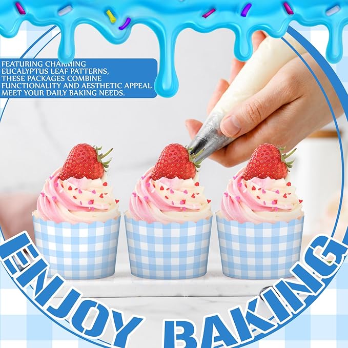 Vesici 150 Pcs Blue Gingham Ice Cream Cups 5oz Dessert Paper Bowls Gingham Scalloped Cupcake Cups