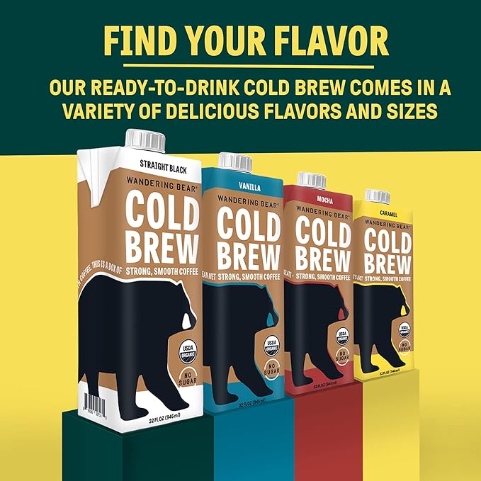 Wandering Bear Straight Black Organic Cold Brew Coffee, 32 fl oz, 6 pack - Extra Strong, Bold