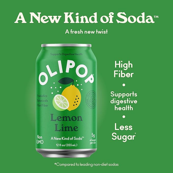 OLIPOP Prebiotic Soda Pop, Lemon Lime, Pantry Pack Packed with Prebiotics, Fiber, and Botanicals