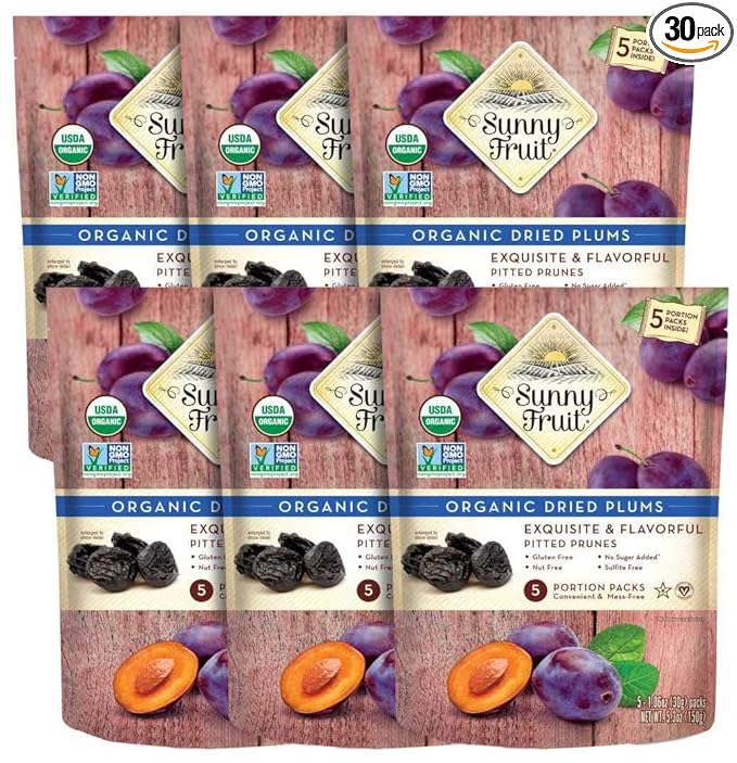 Sunny Fruit Soft Organic Prunes - 6 Bags (30 Individual Portion Packs) | No Preservatives, No Sugar