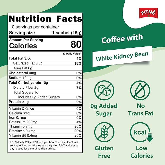 FITNE Instant 3 In 1 Coffee Packets Mix With White Kidney Bean Extract L-Lysine Vitamin B1 B2 B6