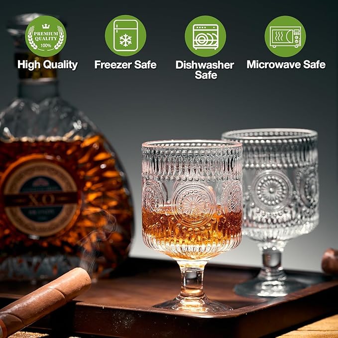 Vintage Goblet Glasses Set of 4, 8oz Embossed Floral Wine Glasses, Clear Glass Cups for Tea, Wine