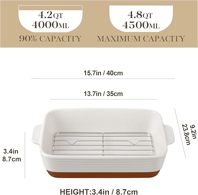 MALACASA Baking Dish with Rack, 4.8 Qt Ceramic Roasting Pan with Stainless Steel Drip Rack, 9x13
