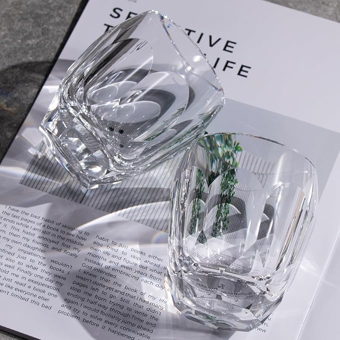 KAMMAK Crystal Whiskey Glasses Set of 2, Luxury 7.44oz Old Fashioned Glasses Stemless, Handcrafted