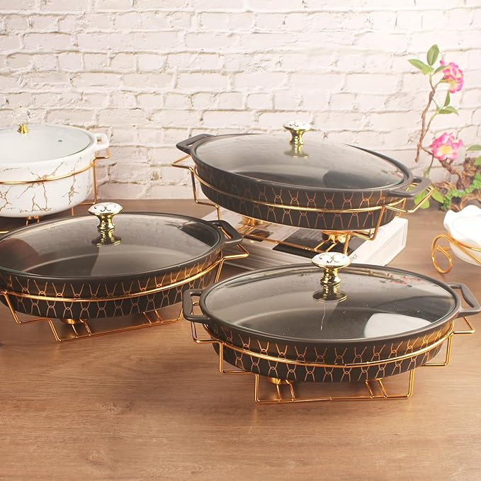 12" x 8" Ceramic Oval Casserole Dish with Glass Lid and rack, 1.7 Quart Serving Soup Tureen,Chafing