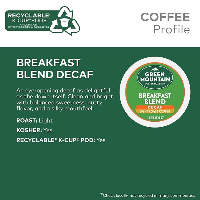 Green Mountain Coffee Roasters Decaf Breakfast Blend , Single-Serve Keurig K-Cup Pods, Light Roast