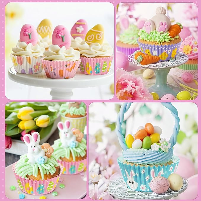 SANNIX 450pcs Easter Cupcake Liners, Bunny Chick Egg Flower Baking Cups Cupcake Wrappers Paper