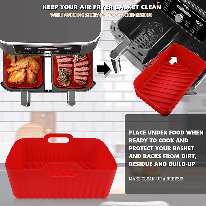 WMKGG Silicone Air Fryer Liners, 2PCS Reusable Rectangular Air Fryer Silicone Liners, Non-Stick