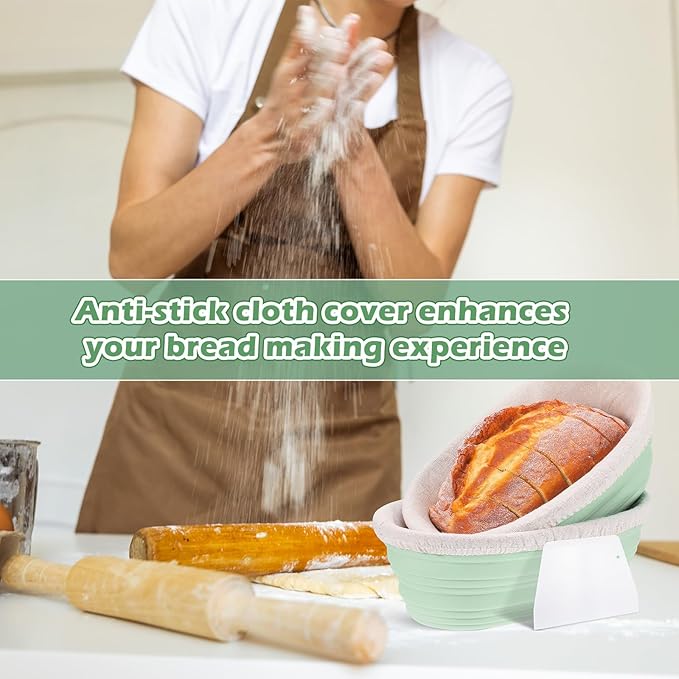 Nuogo 4 Pack Oval Bread Proofing Basket Silicone 10 Inch Collapsible Sourdough Bread Baking