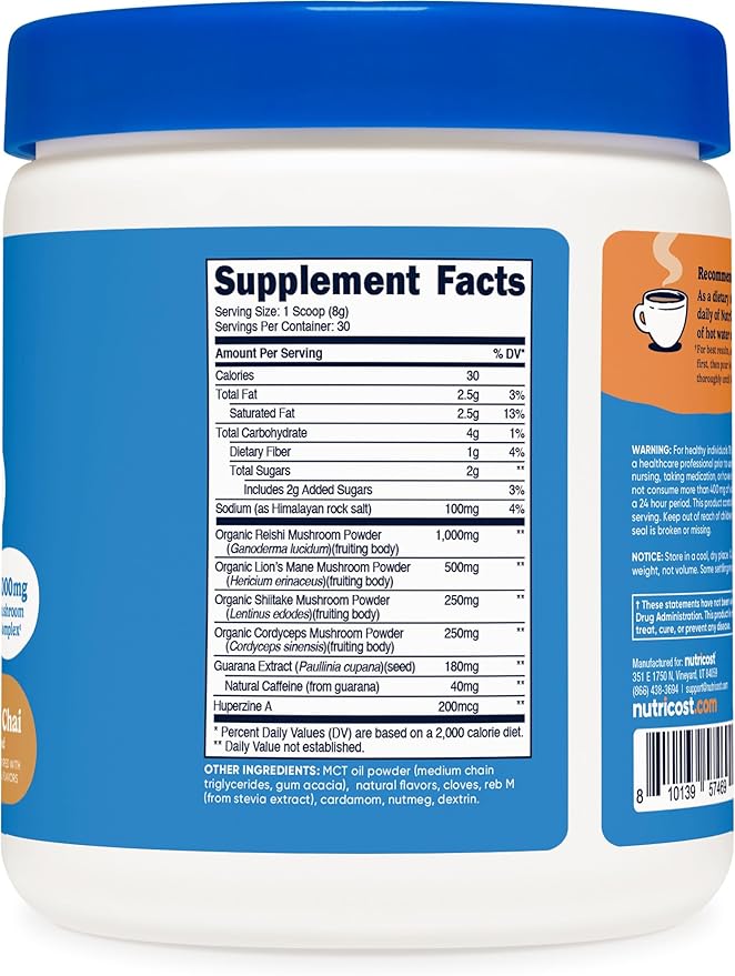 Nutricost Nutrizen AM Focus Adaptogenic Mushroom Drink (Vanilla Chai Flavored) 30 Servings